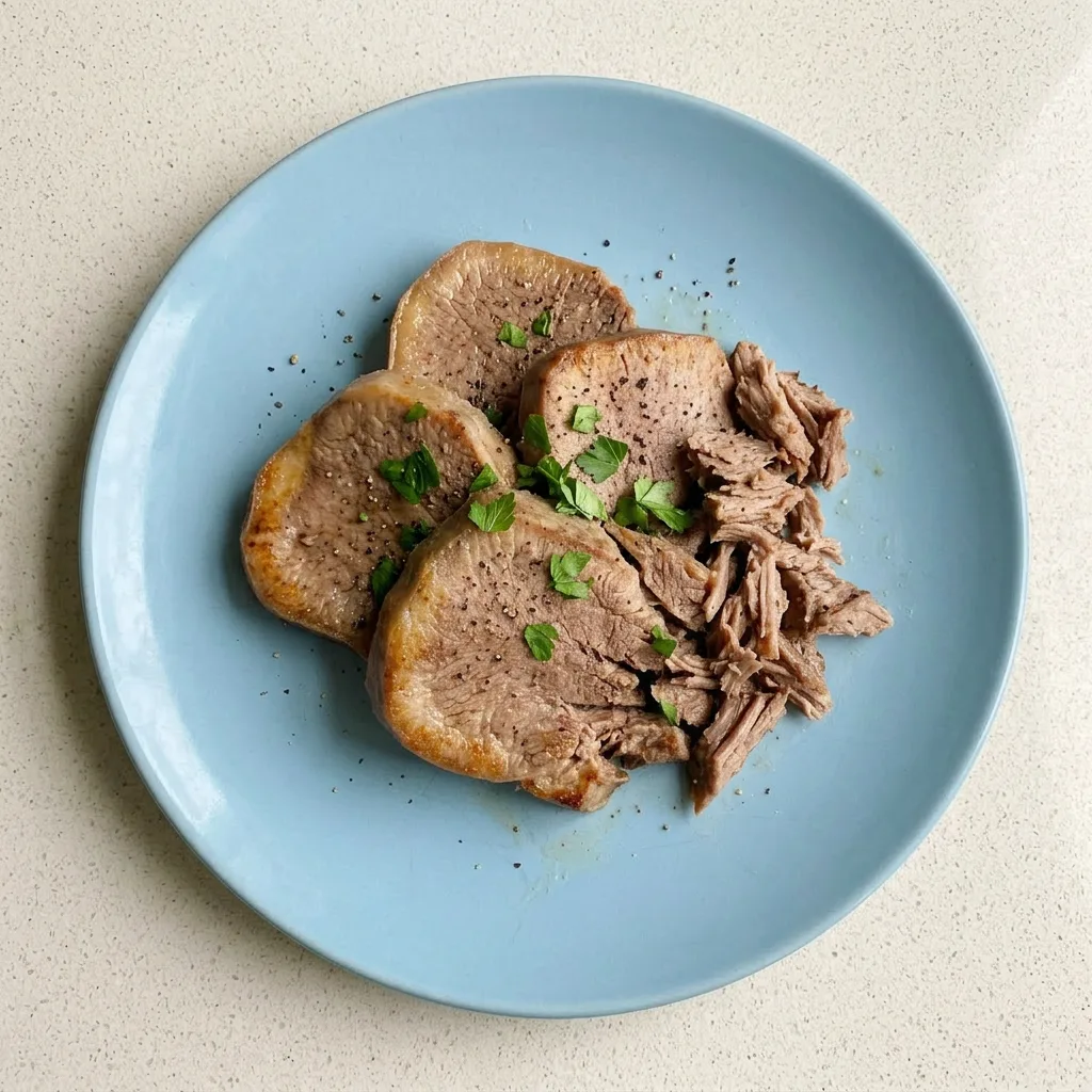 Plated beef tongue slices with butter, accompanied by onion, celery, and a bay leaf.