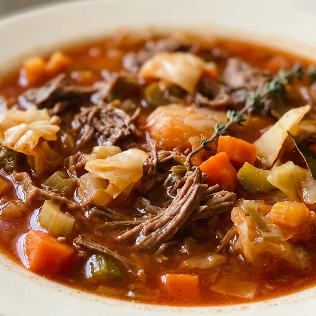 Macro detail of beef vegetable soup with cabbage, showing tender beef, orange carrots, green leeks, celery, and rich tomato broth.