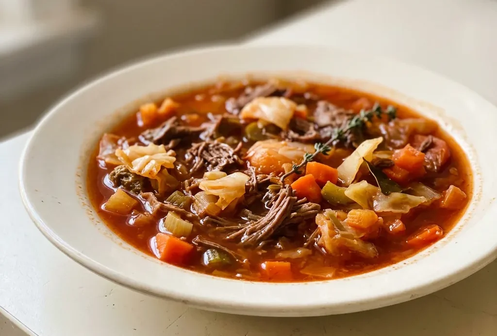 Top-down look at a bowl of beef vegetable soup with cabbage, chunks of beef, carrots, leeks, celery, and tomato sauce in beef broth.