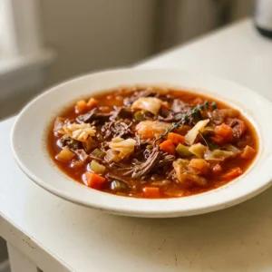 Top-down look at a bowl of beef vegetable soup with cabbage, chunks of beef, carrots, leeks, celery, and tomato sauce in beef broth.