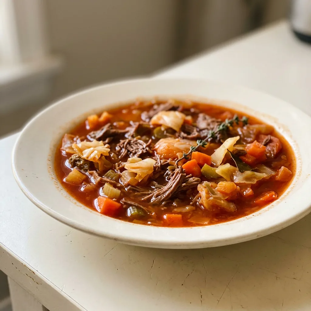 Top-down look at a bowl of beef vegetable soup with cabbage, chunks of beef, carrots, leeks, celery, and tomato sauce in beef broth.