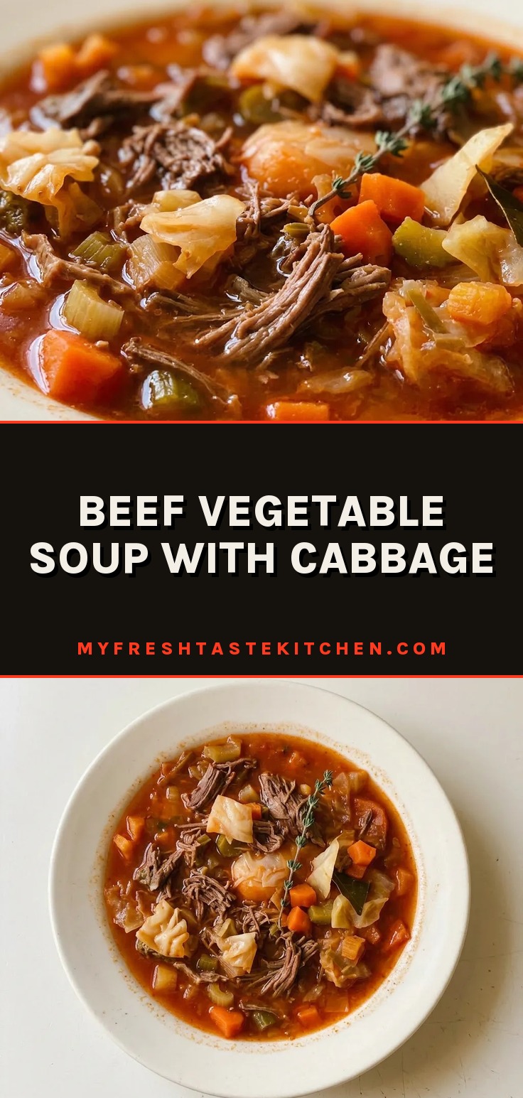 Beef vegetable soup with cabbage, carrots, leeks, and celery in a rich beef broth.