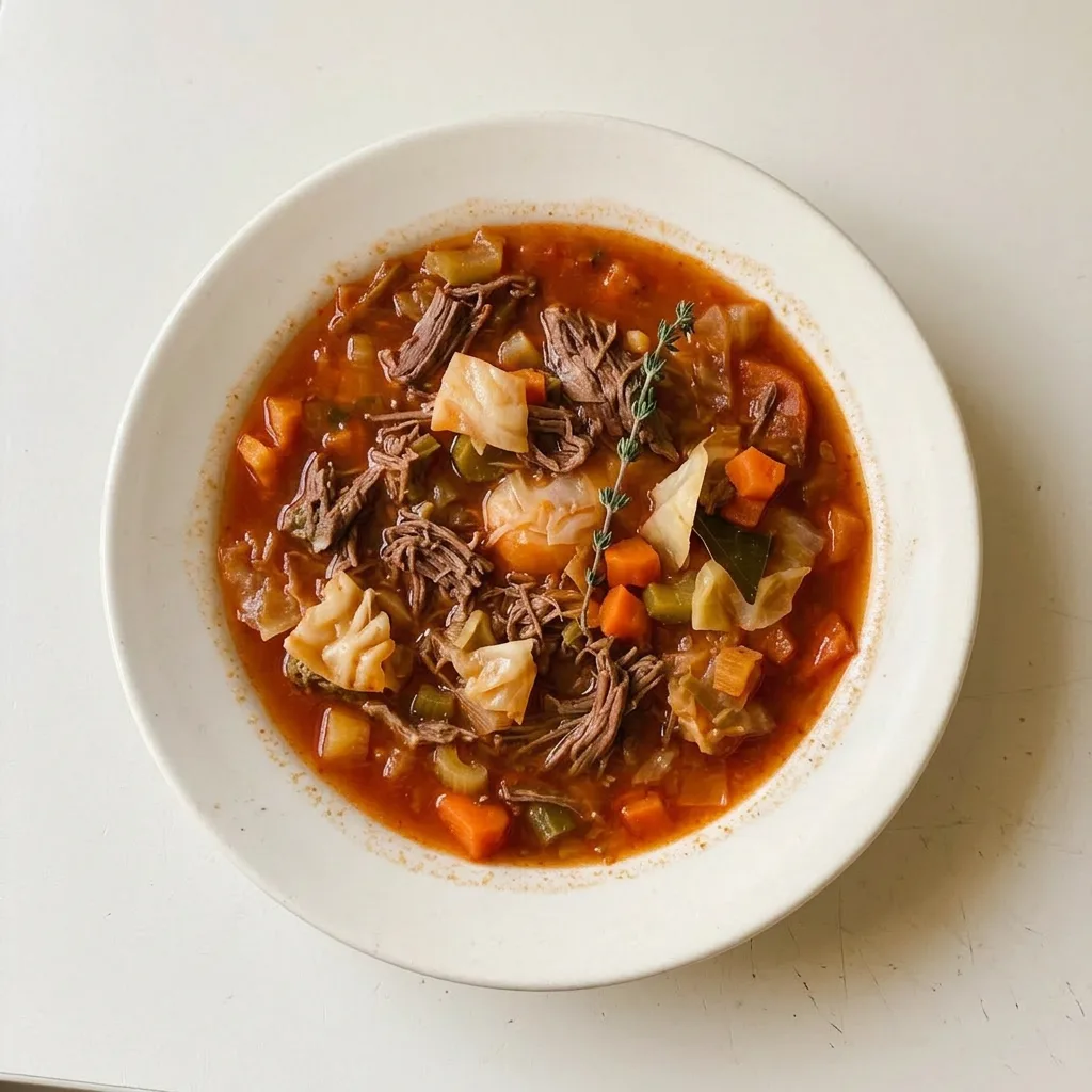 A serving of beef vegetable soup with cabbage, featuring beef chunks, carrots, leeks, celery, and tomato sauce in beef broth.