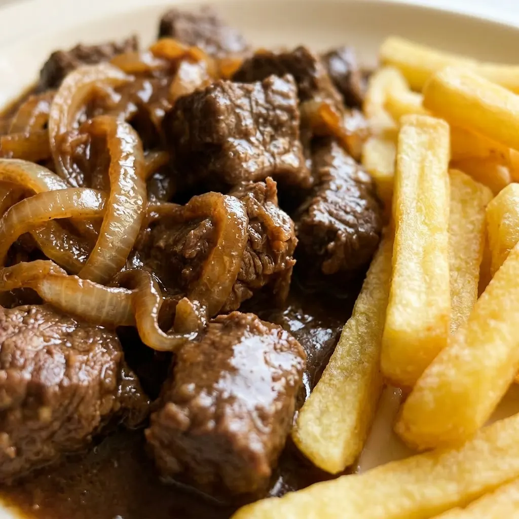 Macro detail of a forkful of tender beef and onion in rich brown ale gravy, with a smear of Dijon mustard on bread.