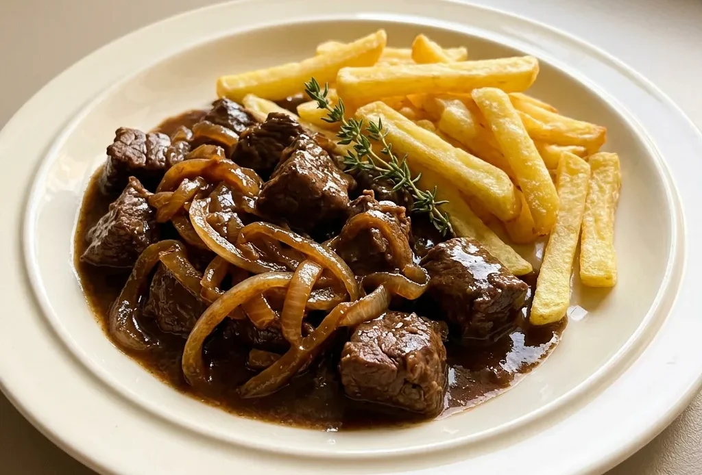 Top-down look at a bowl of beef stew with thick dark gravy, chunks of beef, and a slice of bread topped with mustard.