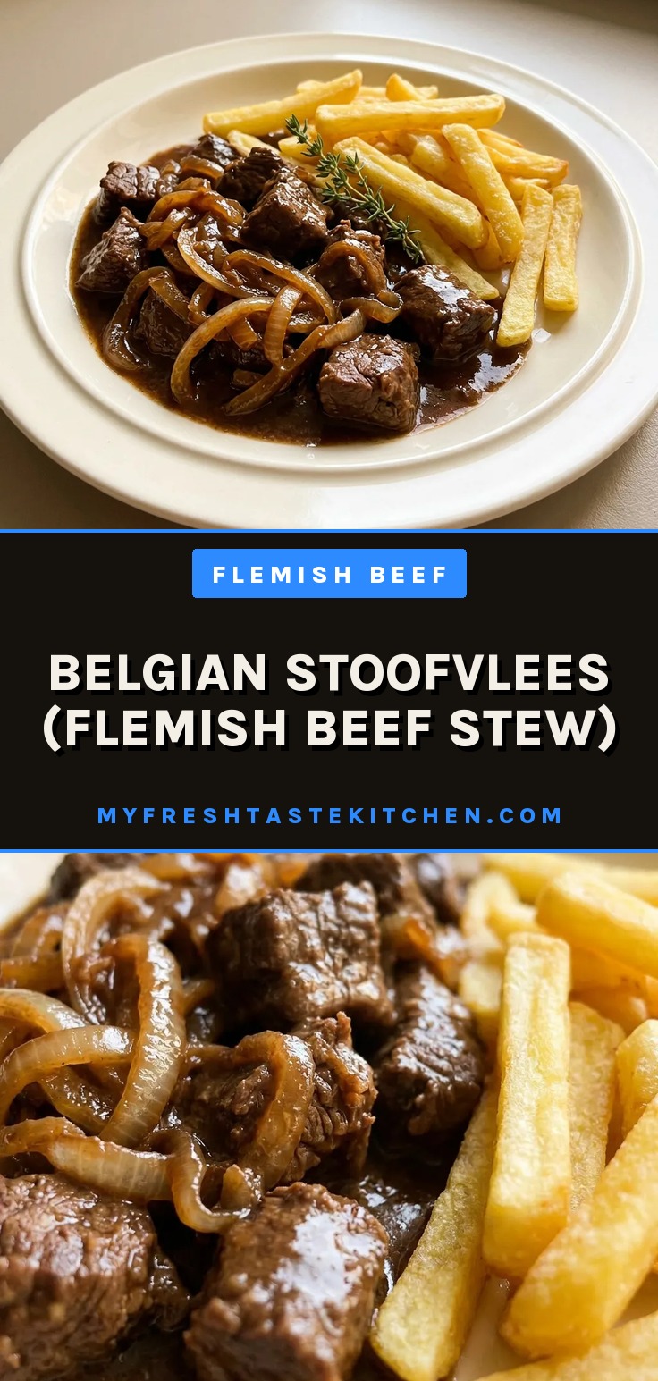 Belgian stoofvlees (Flemish beef stew) with beef chuck, Belgian brown ale, onions, Dijon mustard, thyme, bay leaves, bread, and cocoa powder in a dark rich stew.