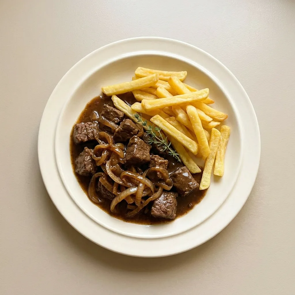 A serving of Belgian stoofvlees in a shallow bowl, showing beef, onions, and a bread slice spread with mustard.
