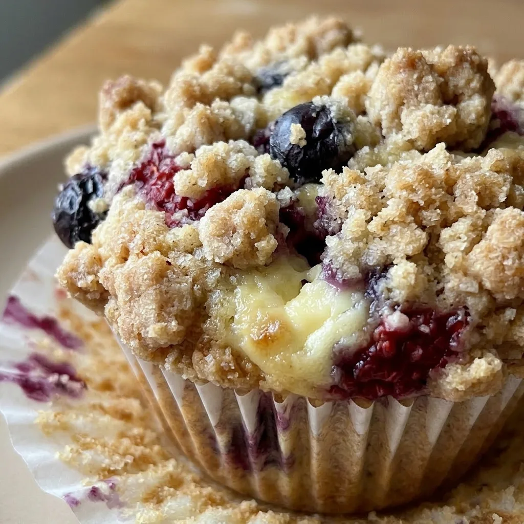 Close view of a muffin showing mixed berries, cream cheese swirl, and crumbly streusel topping.