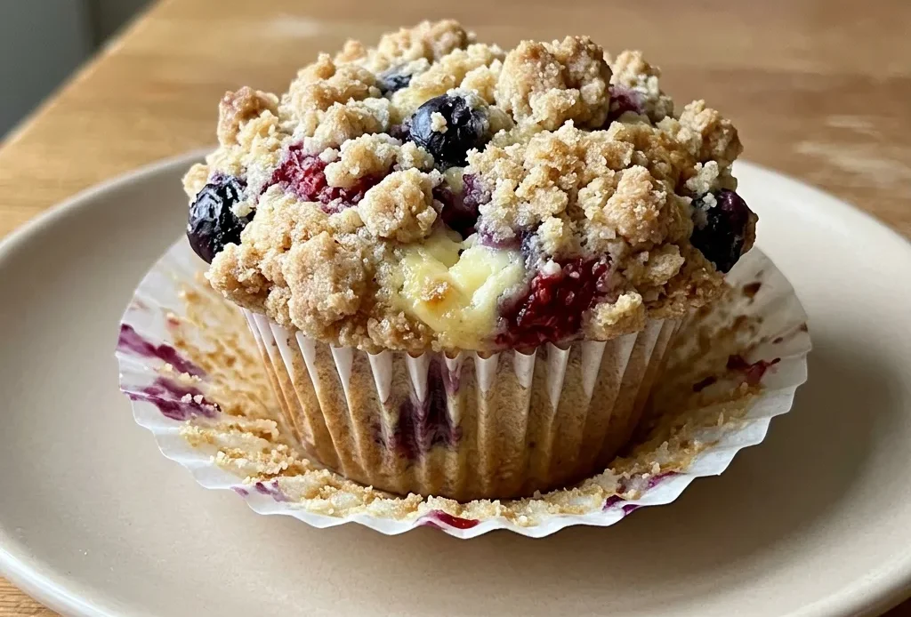 Overhead shot of a muffin with mixed berries and cream cheese filling, topped with streusel and Greek yogurt drizzle.