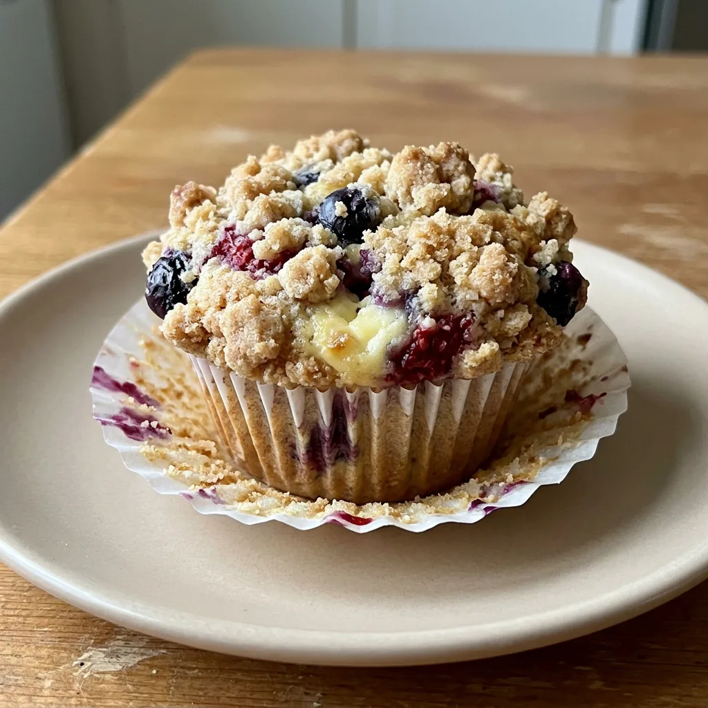 Overhead shot of a muffin with mixed berries and cream cheese filling, topped with streusel and Greek yogurt drizzle.