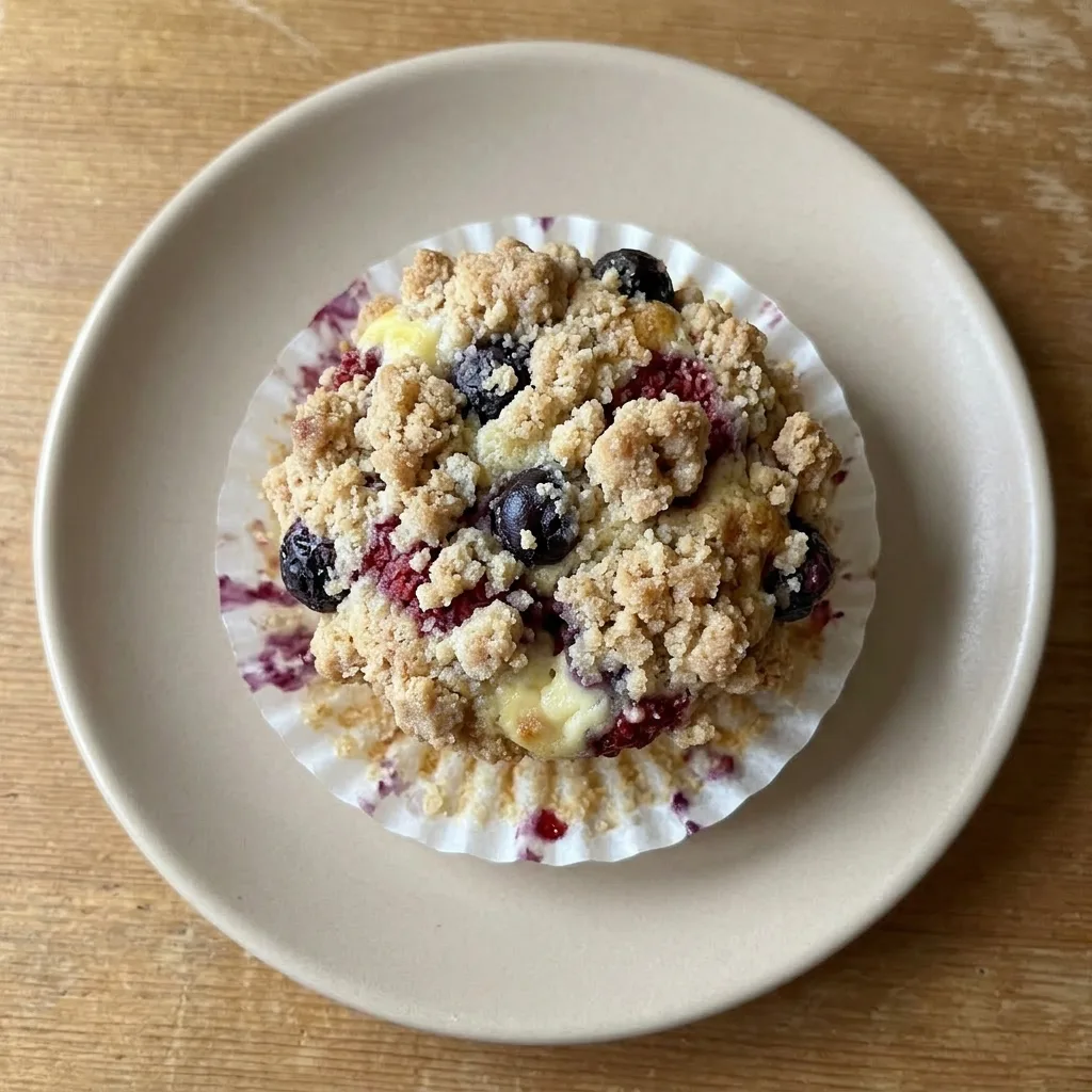 Plated muffin with visible mixed berries, cream cheese layer, and streusel topping.