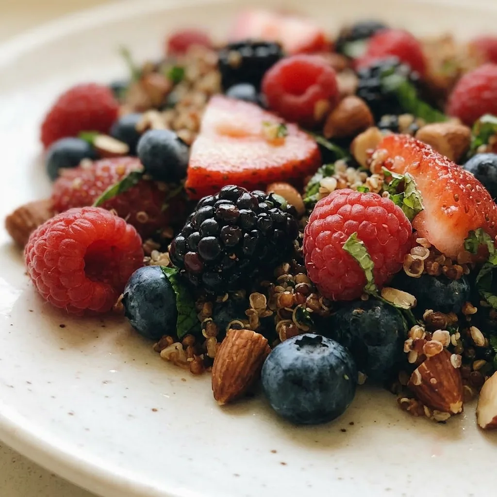 Macro detail of quinoa mixed with berries, almonds, and mint, with orange and lemon zest visible.