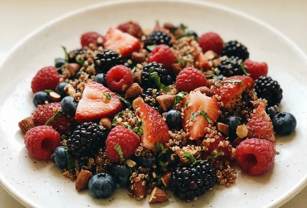 Top-down look at quinoa salad ringed by strawberries, raspberries, blackberries, blueberries, almonds, and mint leaves.