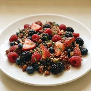 Top-down look at quinoa salad ringed by strawberries, raspberries, blackberries, blueberries, almonds, and mint leaves.