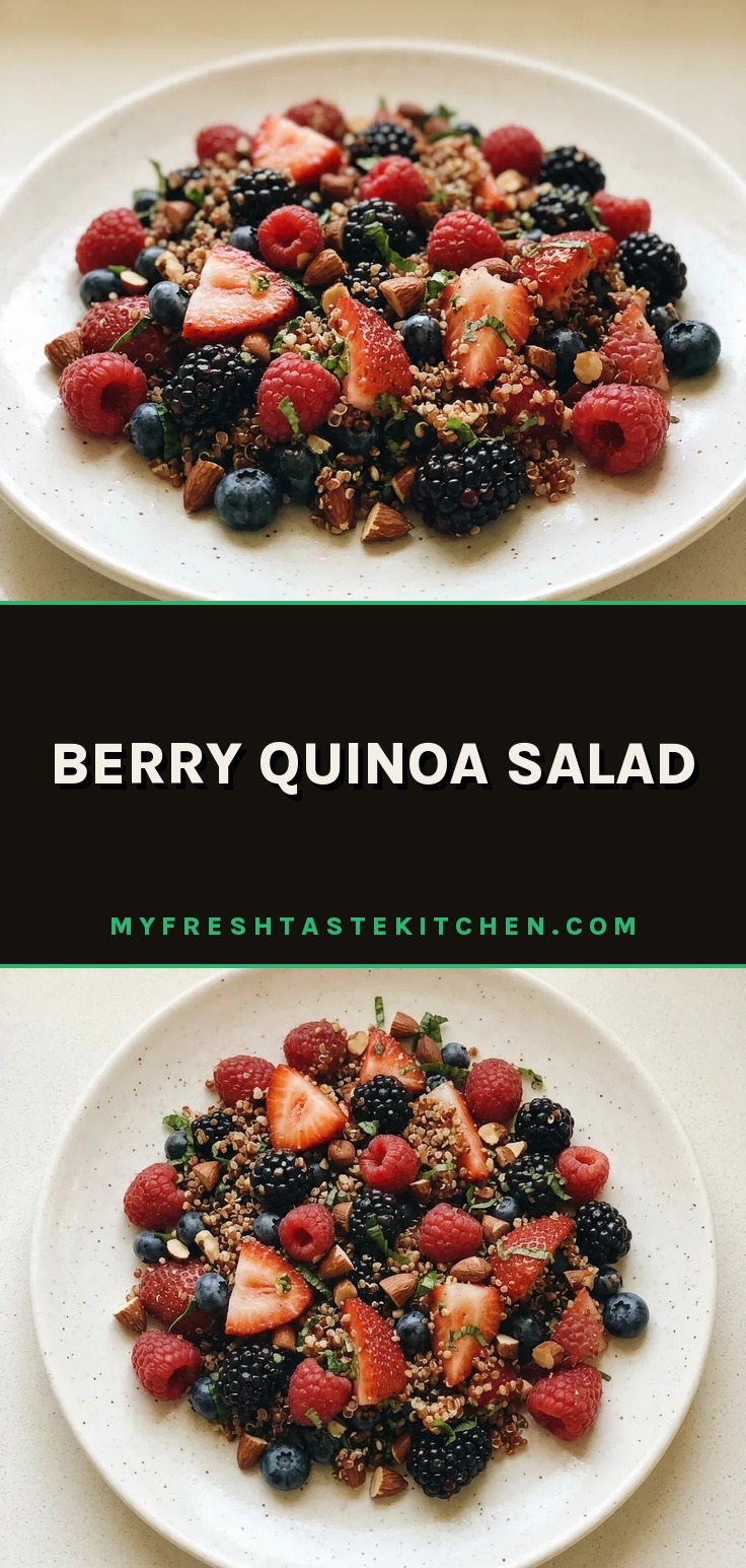 Top-down look at quinoa salad ringed by strawberries, raspberries, blackberries, blueberries, almonds, and mint leaves.