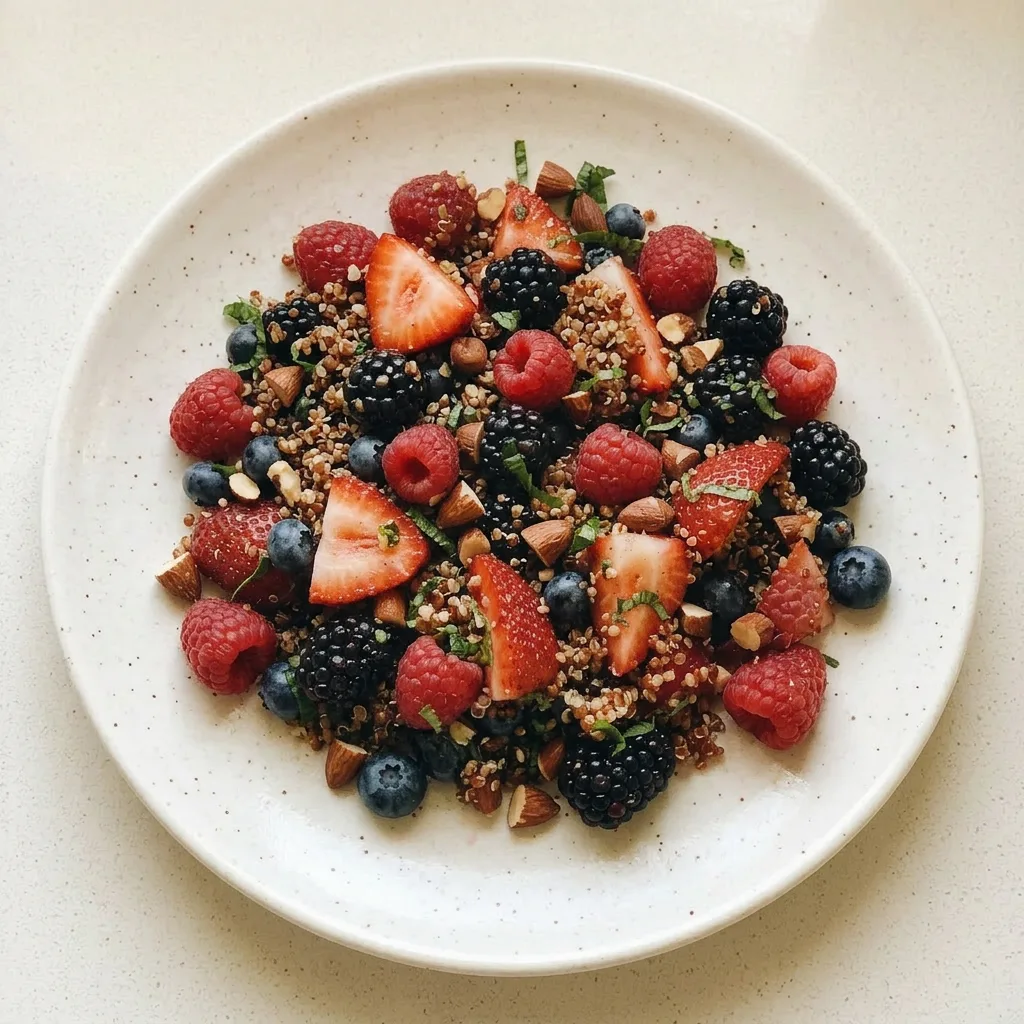 A serving of quinoa salad topped with mixed berries, slivered almonds, and fresh mint and basil.