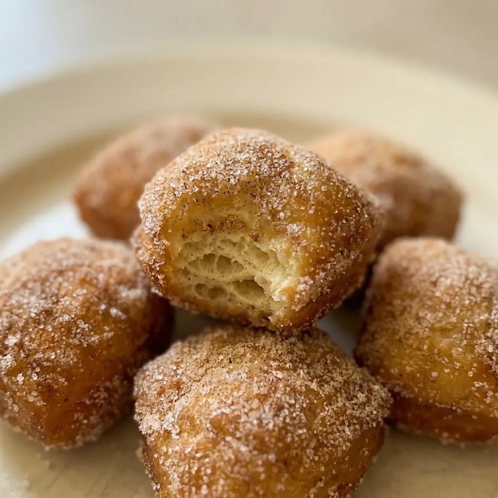 Zoomed in on a single biscuit donut hole, its rough surface dusted with cinnamon sugar, resting on a dark surface.
