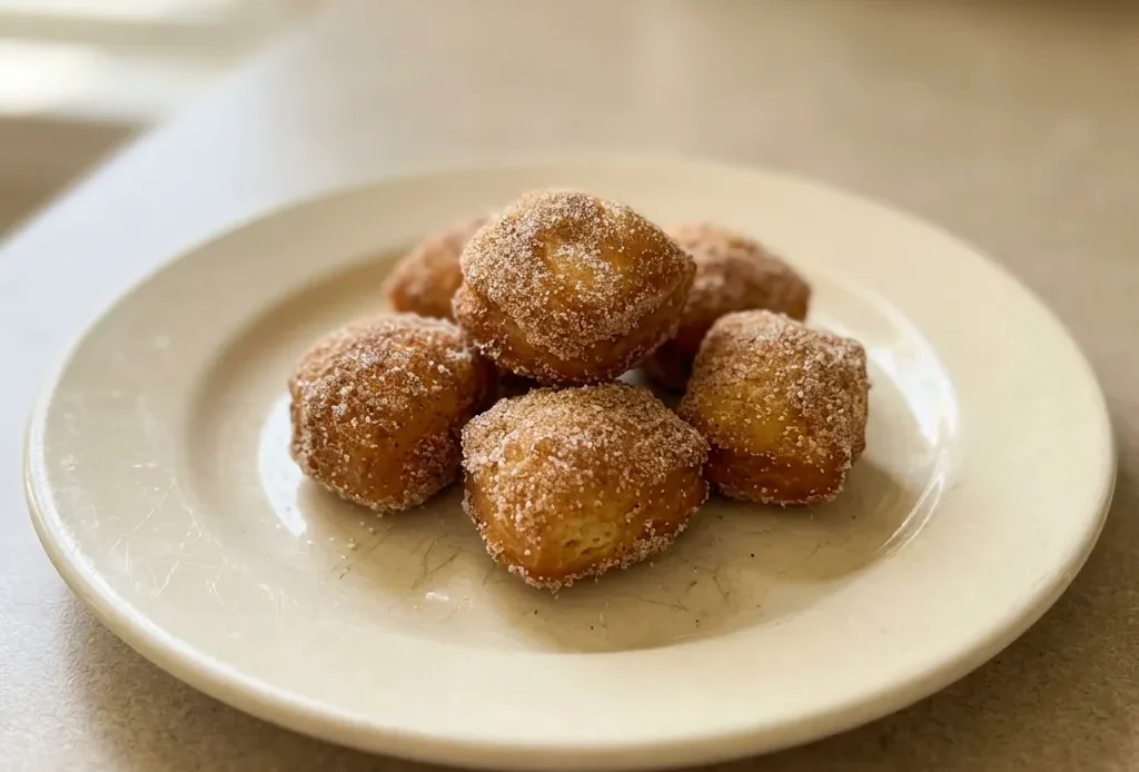 Bird's-eye view of golden brown biscuit donut holes coated in cinnamon sugar, piled in a small heap.