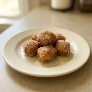 Bird's-eye view of golden brown biscuit donut holes coated in cinnamon sugar, piled in a small heap.