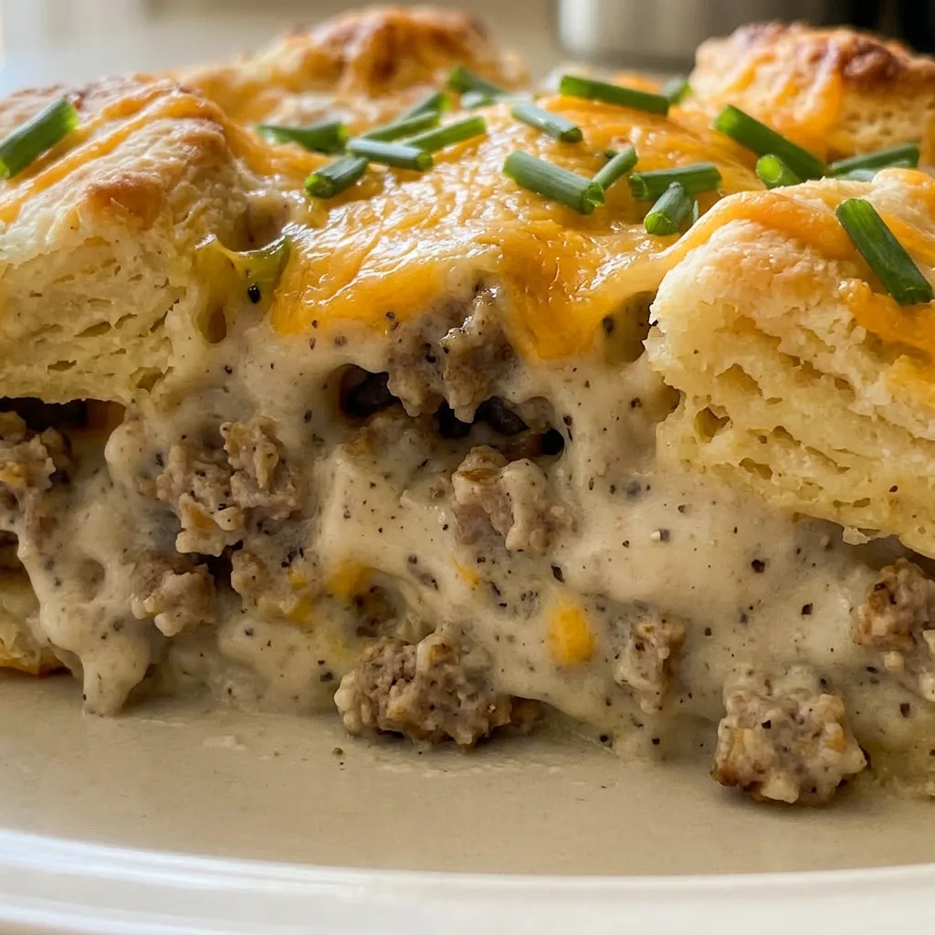 Macro detail of a biscuit topped with creamy sausage gravy and melted cheddar cheese, with gravy pooling around the biscuit.