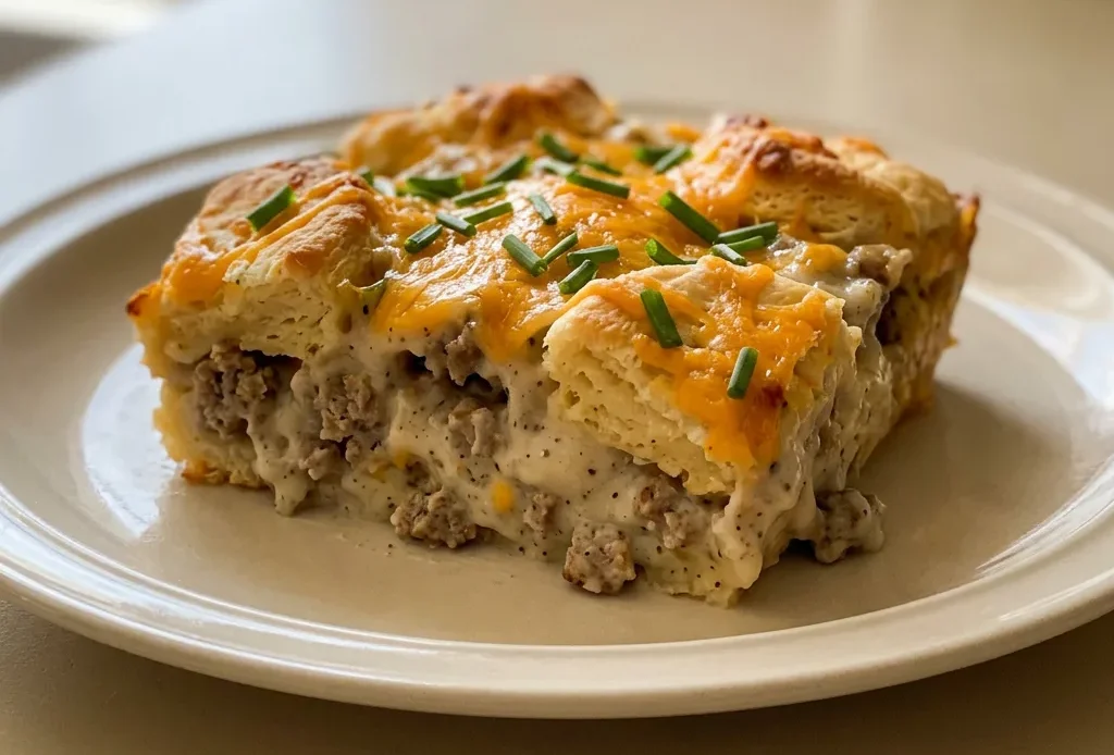 Top-down look at a round casserole dish filled with biscuits, sausage gravy, and melted cheddar cheese.