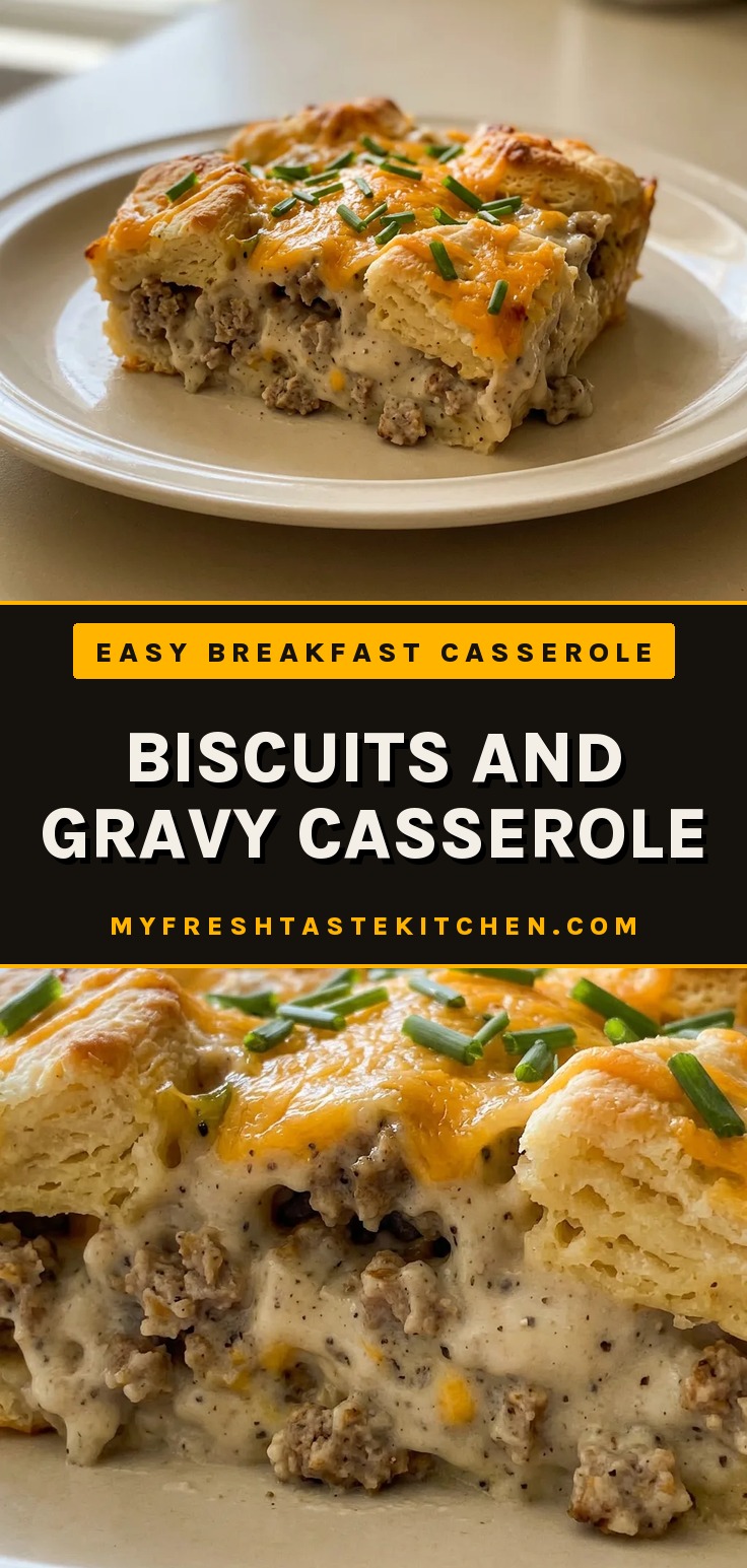 Biscuits and gravy casserole in a baking dish, golden brown biscuit pieces topped with melted cheddar cheese and visible sausage gravy.