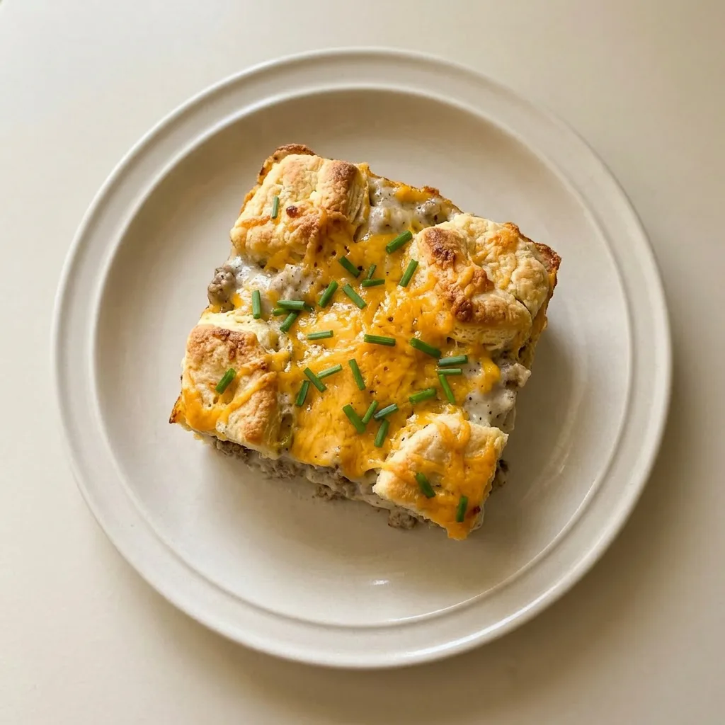 A serving of biscuits and gravy casserole, with a biscuit covered in sausage gravy and melted cheddar cheese.