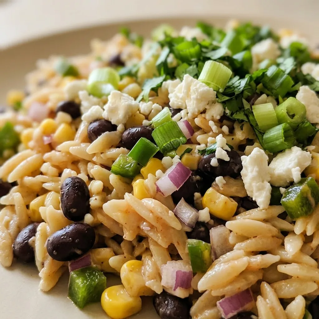 Up close, orzo, black beans, corn, and vegan feta are visible with taco seasoning sprinkled on top.