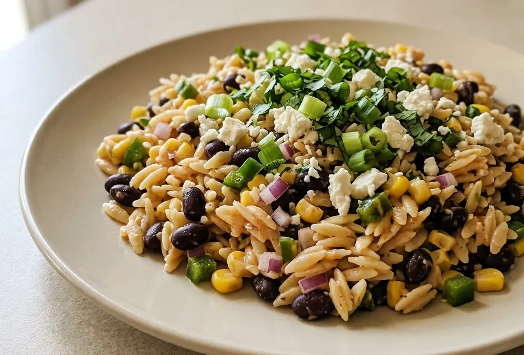 Looking down at a bowl of orzo salad with black beans, corn, and vegan feta, topped with taco seasoning.