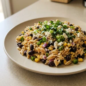 Looking down at a bowl of orzo salad with black beans, corn, and vegan feta, topped with taco seasoning.