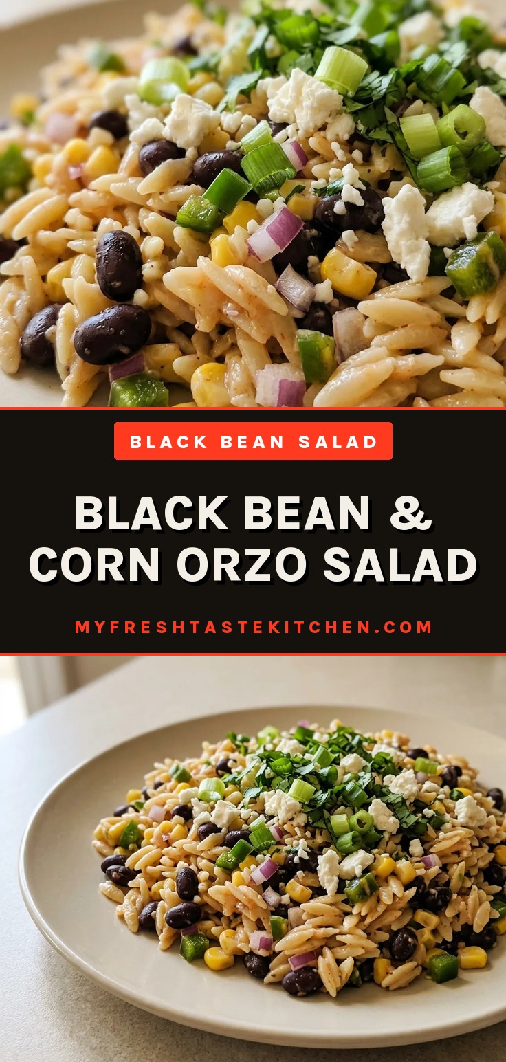 Black bean and corn orzo salad with vegan feta, corn, black beans, orzo, and taco seasoning in a bowl.