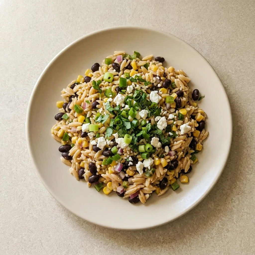 A plate of orzo salad with black beans, corn, vegan feta, and taco seasoning.