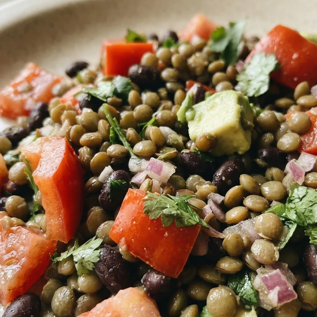 Macro detail of black beans, lentils, diced red bell pepper, red onion, tomatoes, and fresh cilantro, glistening with cumin-lime dressing.