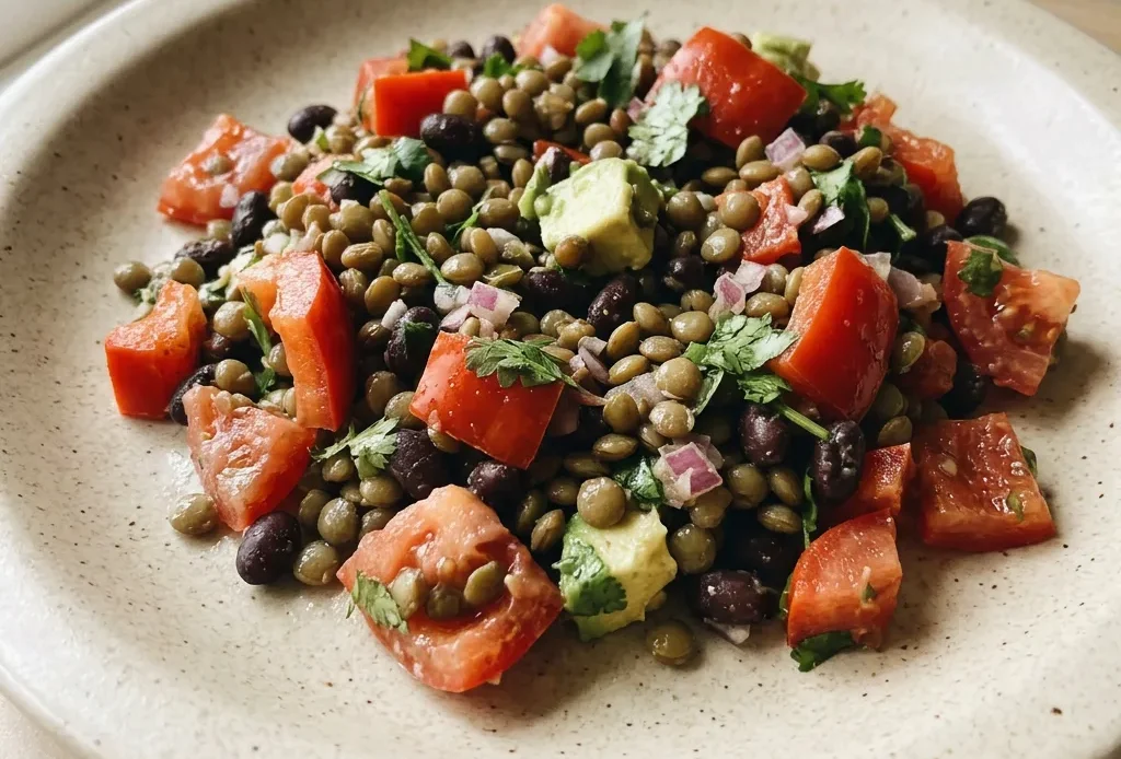 Top-down look at black bean lentil salad with red bell pepper, red onion, tomatoes, and cilantro, drizzled with cumin-lime dressing.