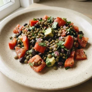 Top-down look at black bean lentil salad with red bell pepper, red onion, tomatoes, and cilantro, drizzled with cumin-lime dressing.