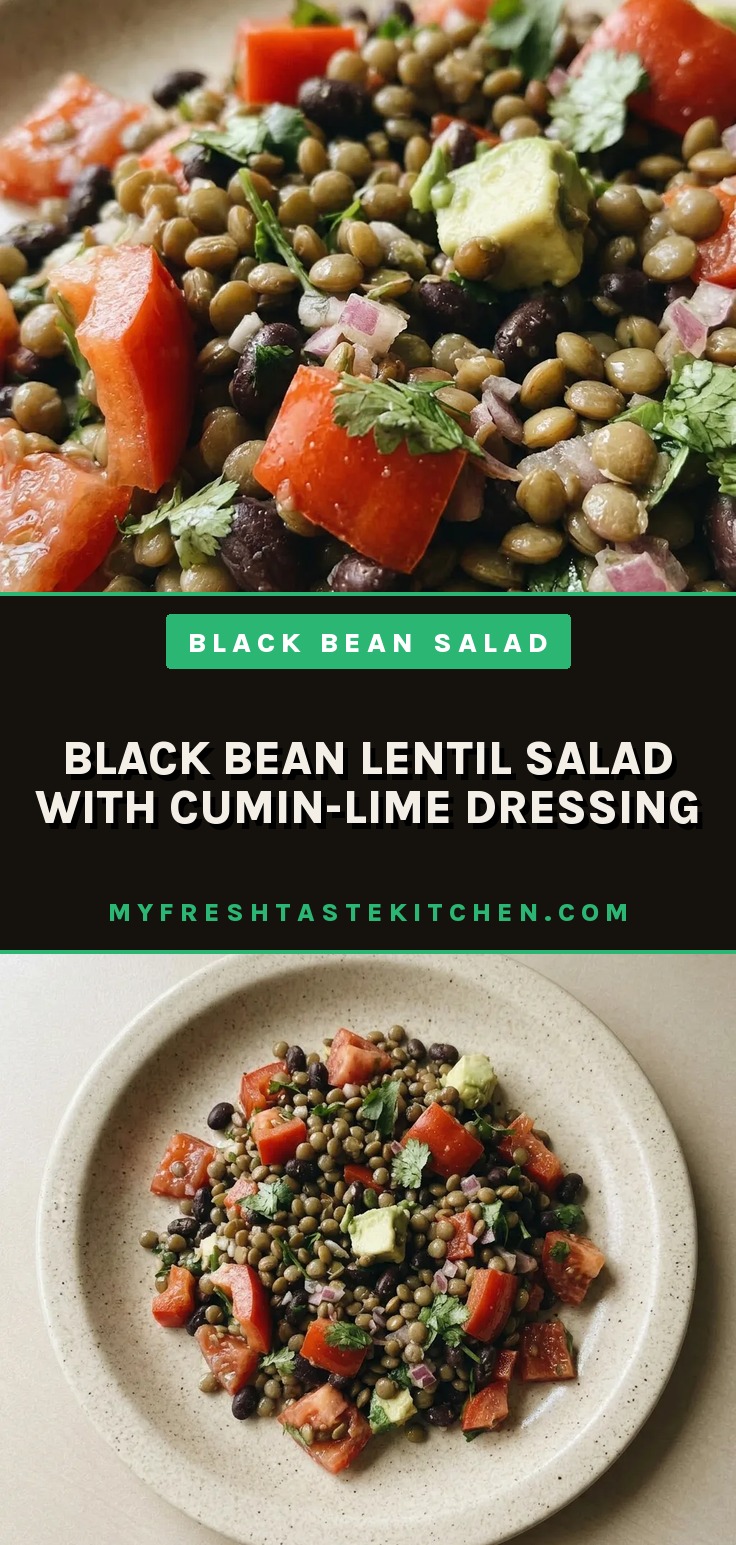 Black bean lentil salad with black beans, lentils, red bell pepper, red onion, tomatoes, and cilantro.
