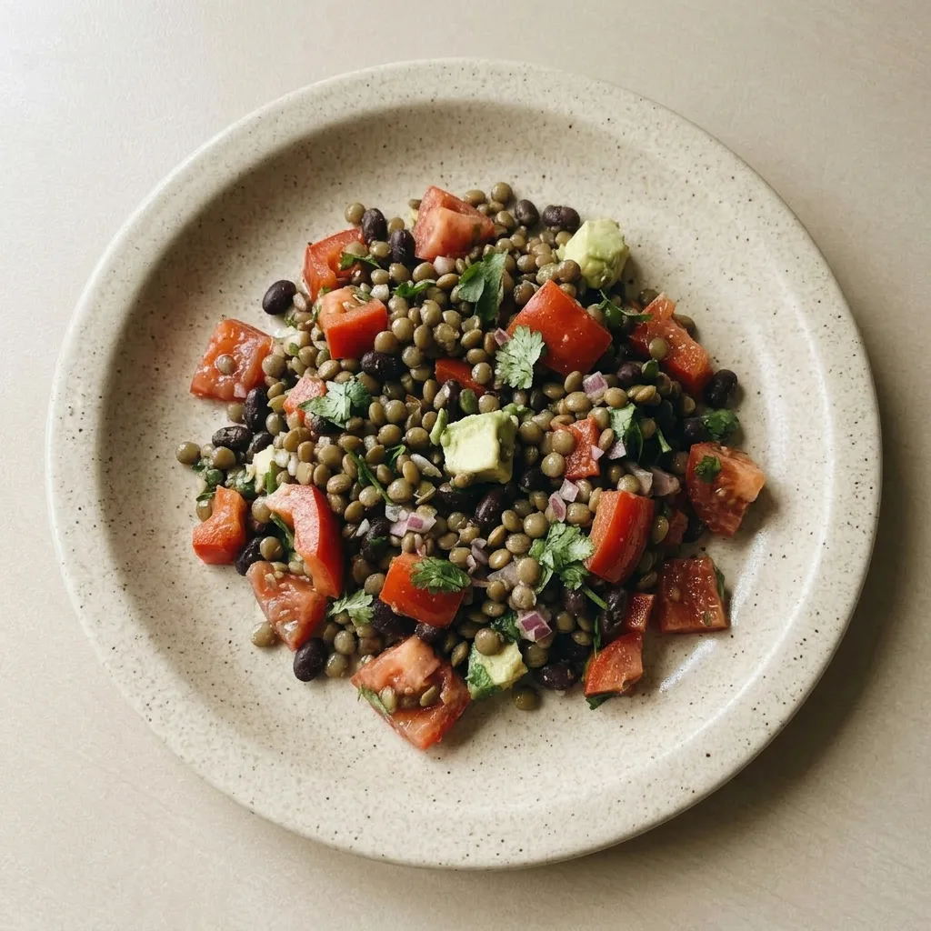 A serving of black bean lentil salad topped with red bell pepper, red onion, tomatoes, and cilantro, with visible cumin-lime dressing.