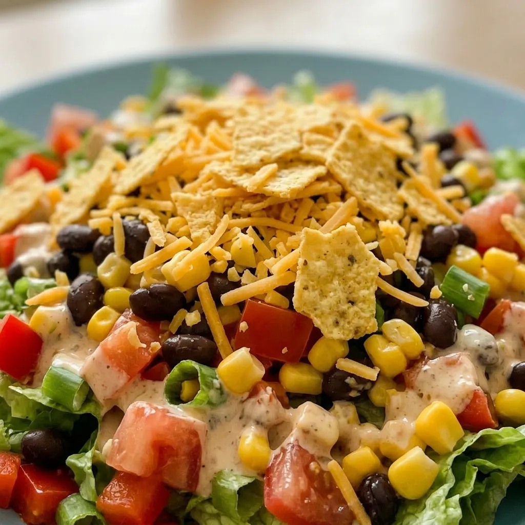 Zoomed in on a taco salad featuring black beans, corn, romaine, tomatoes, red bell pepper, cheddar, tortilla chips, sour cream, and red salsa.
