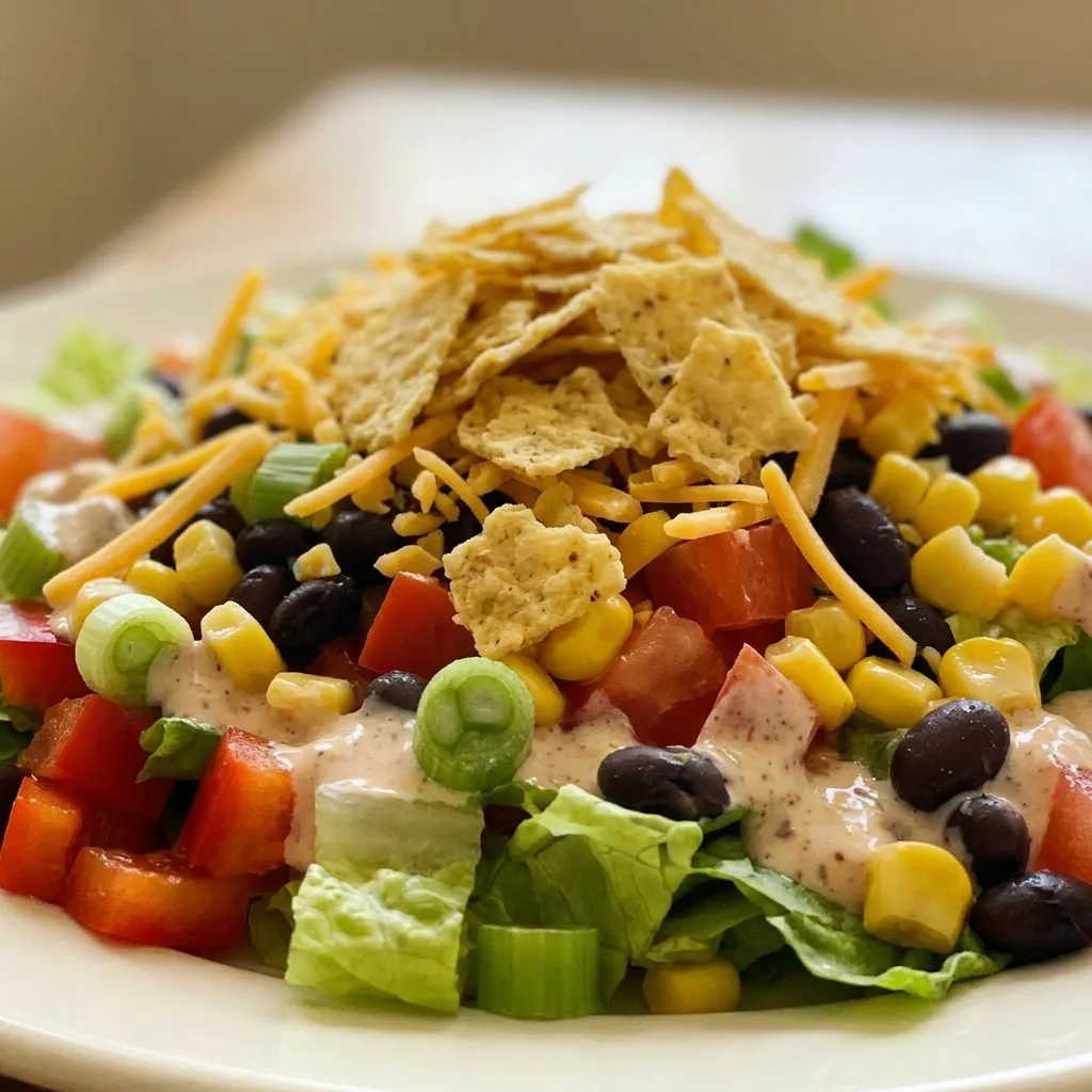 Close view of a taco salad featuring black beans, corn, romaine, red bell pepper, tomatoes, cheddar cheese, tortilla chips, salsa, sour cream, and cumin-lime dressing.