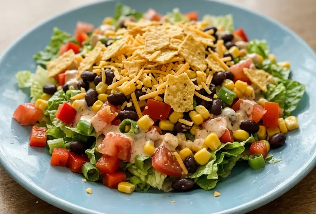 Bird's-eye view of a taco salad with black beans, corn, romaine, tomatoes, red bell pepper, cheddar, tortilla chips, sour cream, and red salsa.