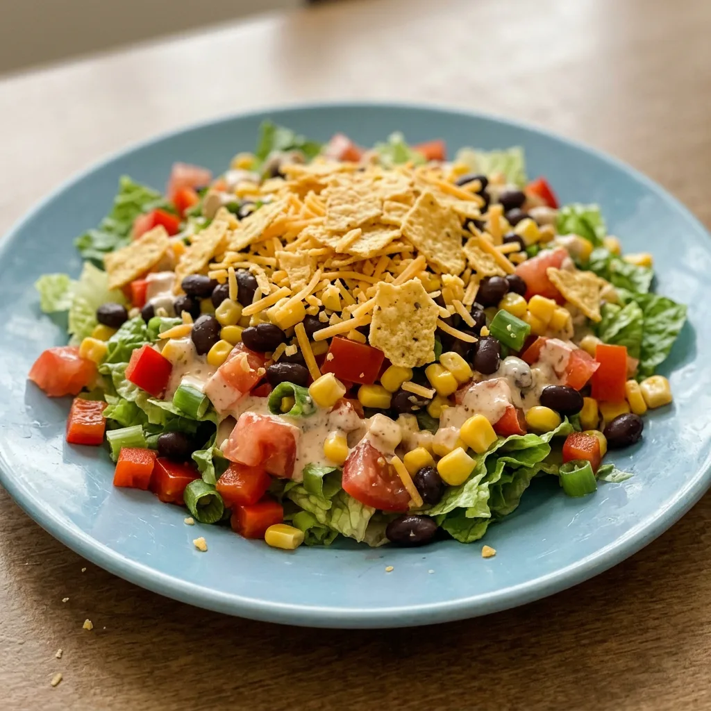 Bird's-eye view of a taco salad with black beans, corn, romaine, tomatoes, red bell pepper, cheddar, tortilla chips, sour cream, and red salsa.