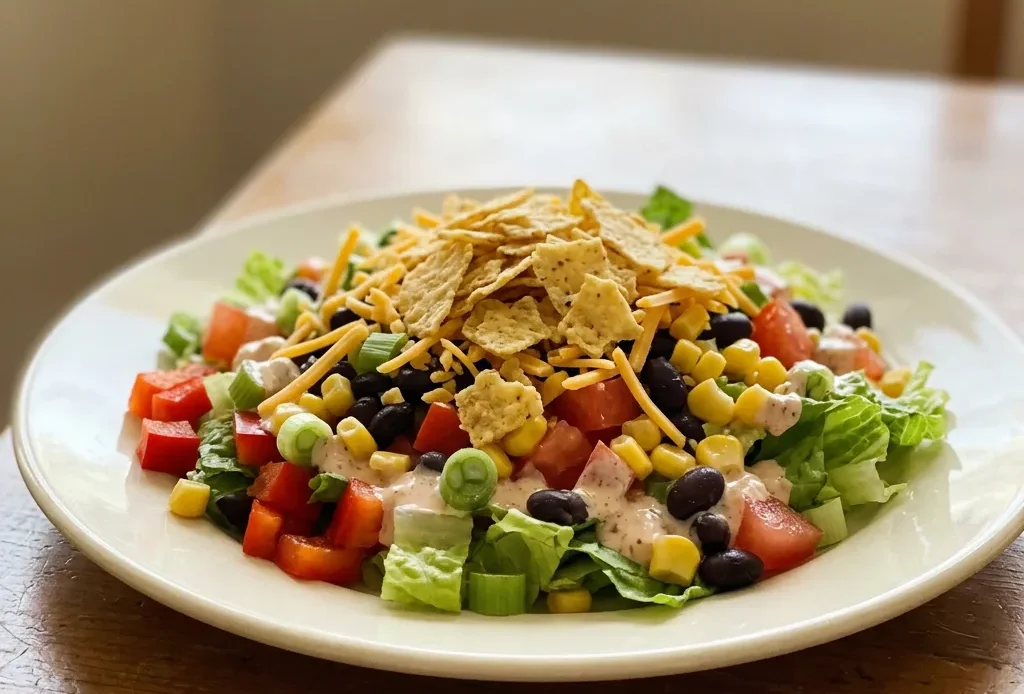 Overhead shot of a taco salad with black beans, corn, romaine, diced tomatoes, red bell pepper, shredded cheddar, tortilla chips, salsa, sour cream, and lime wedges.