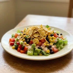 Overhead shot of a taco salad with black beans, corn, romaine, diced tomatoes, red bell pepper, shredded cheddar, tortilla chips, salsa, sour cream, and lime wedges.