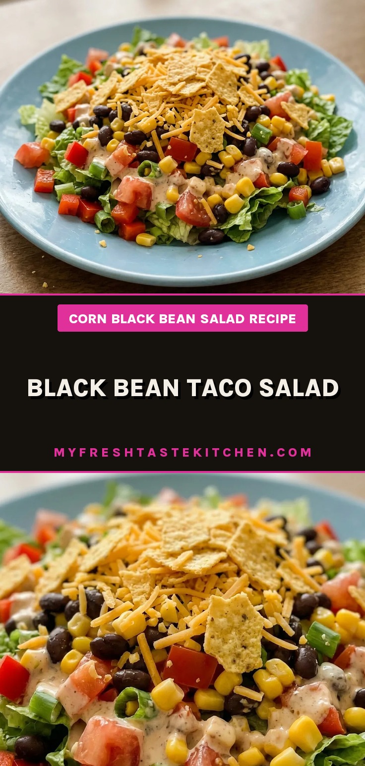 Black bean taco salad with romaine lettuce, black beans, corn, red bell pepper, tomatoes, cheddar cheese, and tortilla chips.
