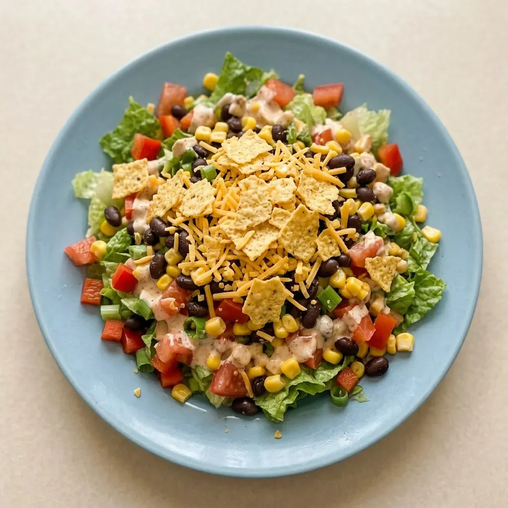Ready to serve: a taco salad with black beans, corn, romaine, tomatoes, red bell pepper, cheddar, tortilla chips, sour cream, and red salsa.