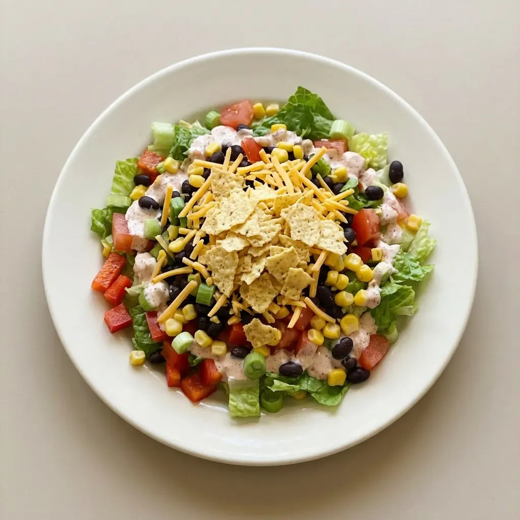 Plated taco salad with black beans, corn, romaine lettuce, red bell pepper, tomatoes, cheddar cheese, tortilla chips, sour cream, salsa, and lime wedges.