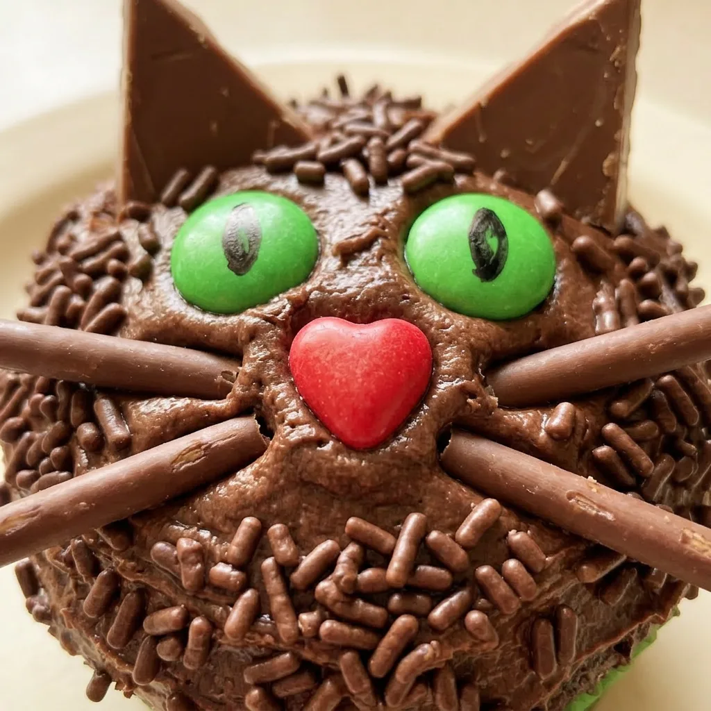 Macro detail of a black-frosted cupcake topped with chocolate sprinkles, red heart Runts, M&Ms, and a Pocky stick.