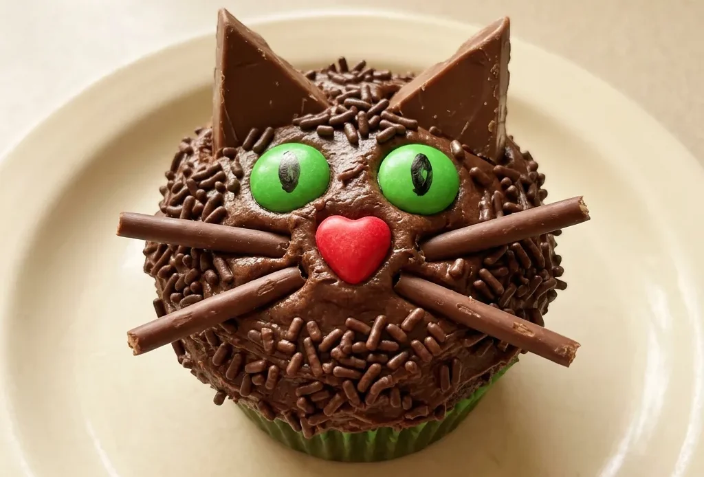 Top-down look at four black-frosted cupcakes with chocolate sprinkles, red heart Runts, M&Ms, and Pocky sticks arranged on top.
