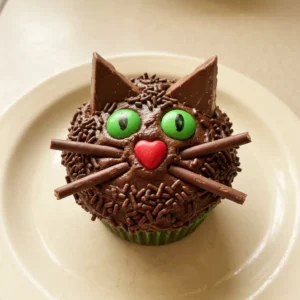 Top-down look at four black-frosted cupcakes with chocolate sprinkles, red heart Runts, M&Ms, and Pocky sticks arranged on top.