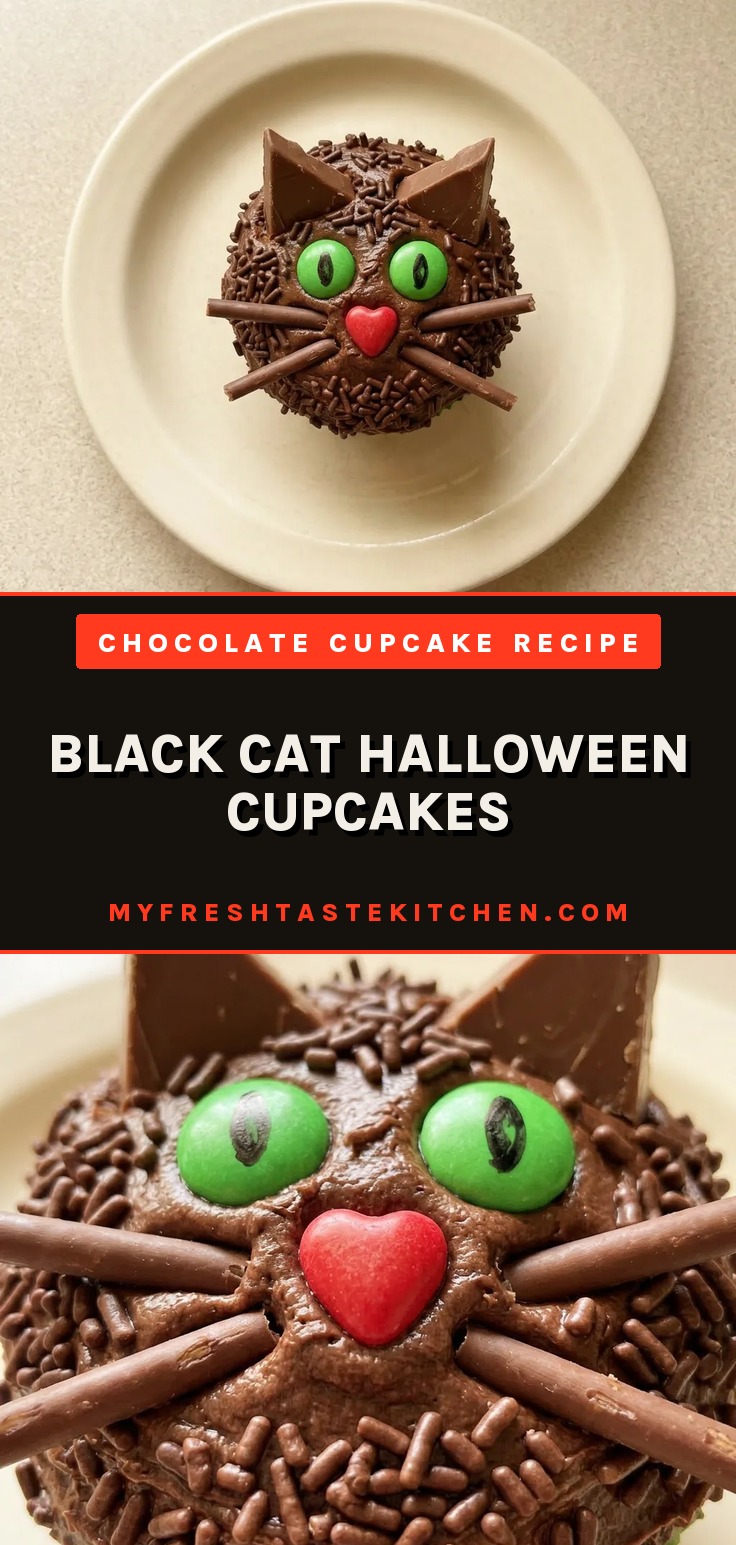 Top-down look at four black-frosted cupcakes with chocolate sprinkles, red heart Runts, M&Ms, and Pocky sticks arranged on top.